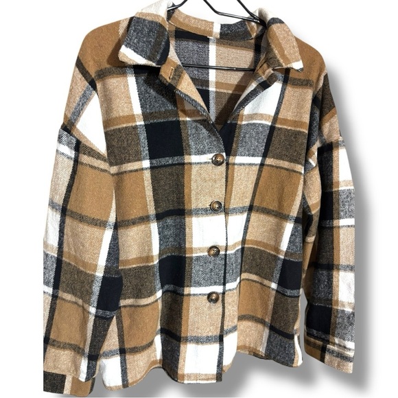 Unbranded Women's Long Sleeve Button Down Tan/Black/White Loose Flannel Shirt - Picture 10 of 15